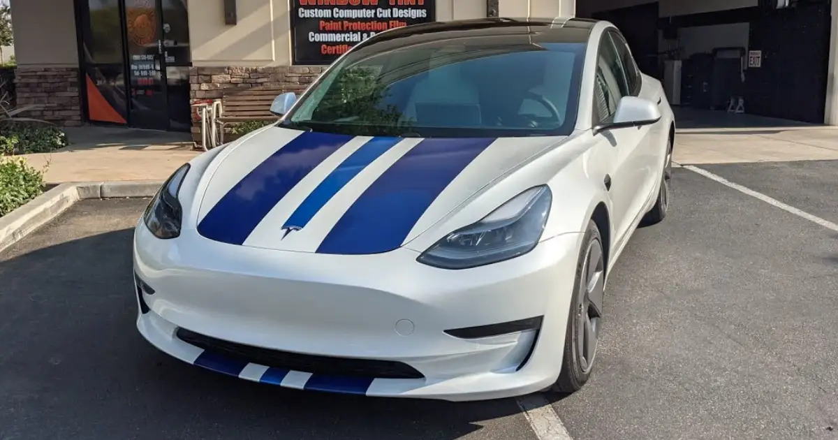 White Tesla With Blue Racing Stripes